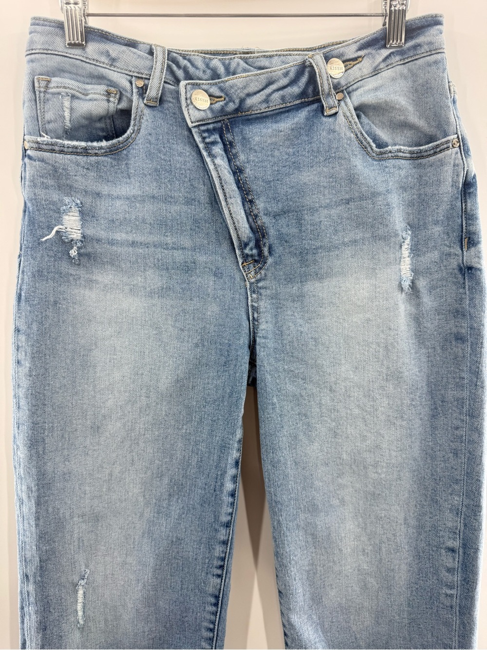 Risen Straight Leg Ankle Jeans Asymmetrical Zipper Light Wash Preppy Size 30 - Picture 3 of 10